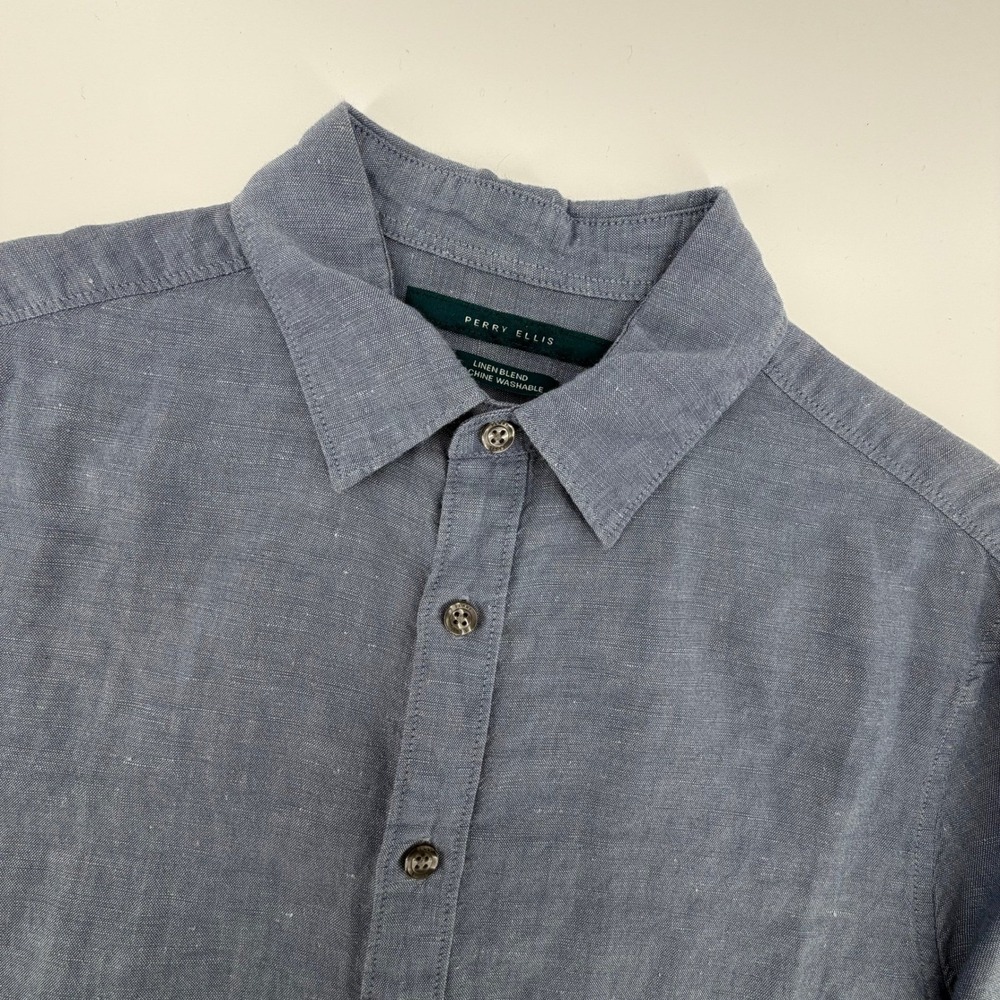 Perry Ellis Mens Blue Linen Blend Short Sleeve Button Down Shirt Small